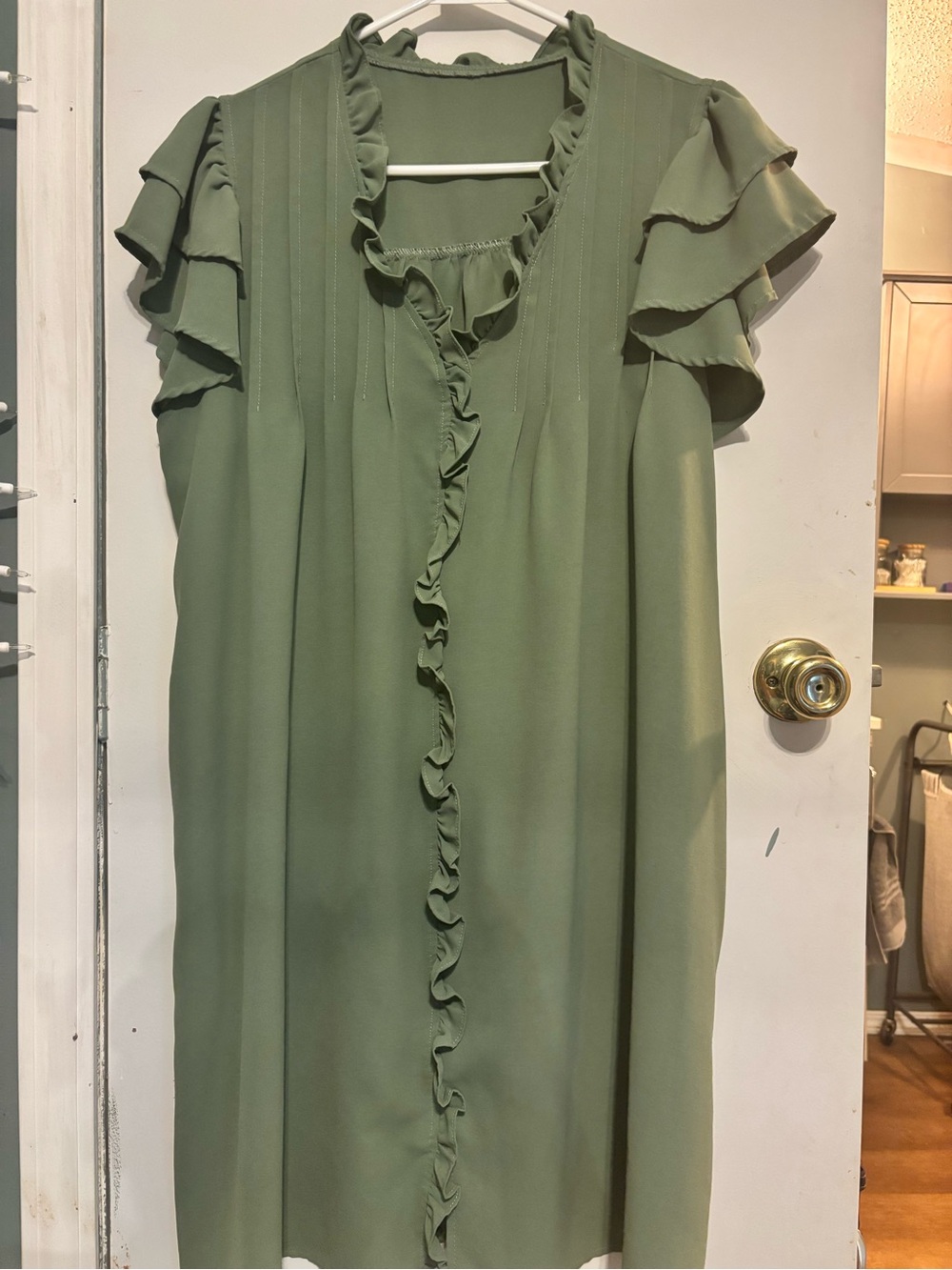 Ruffled V-Neck Short Sleeve Dress in Olive Green